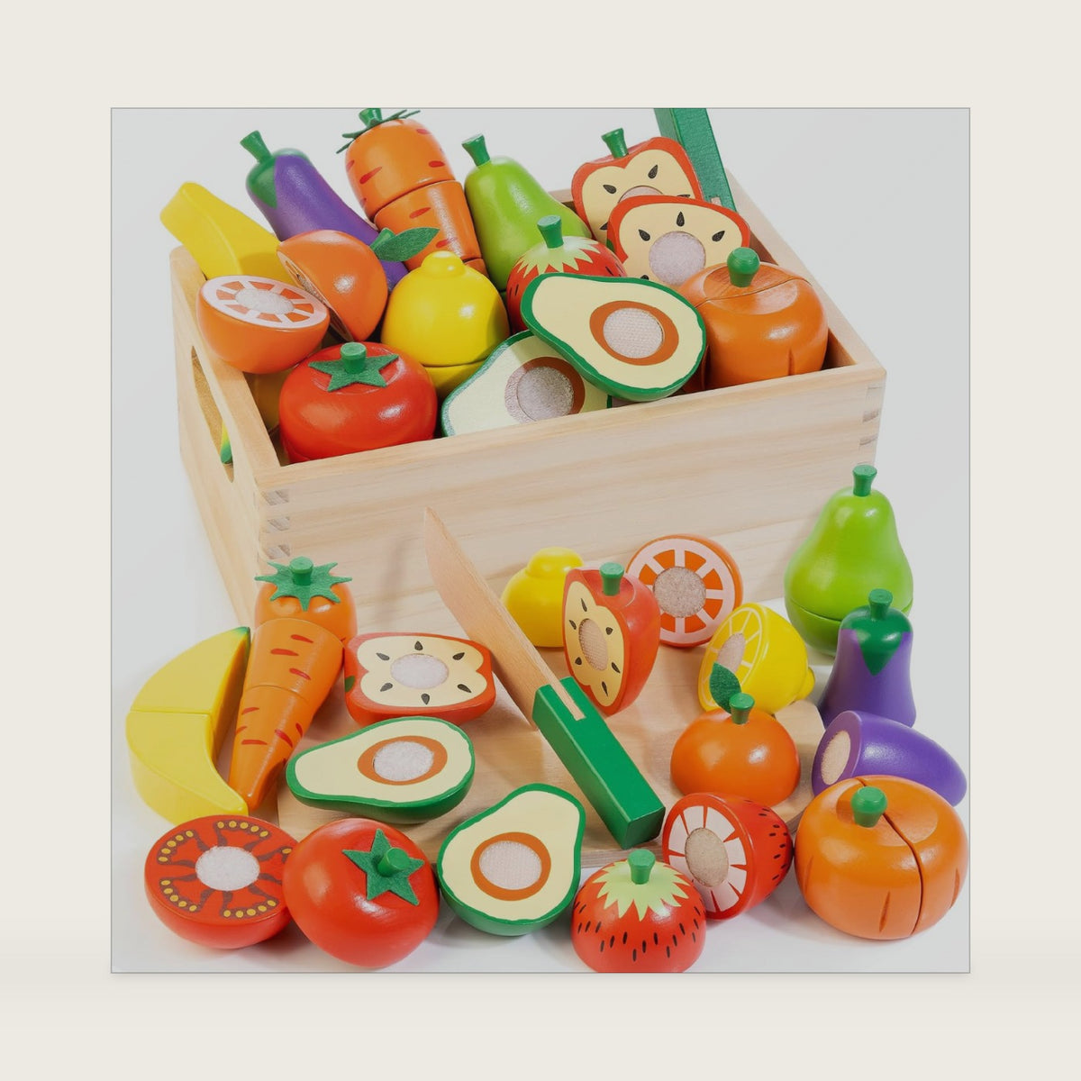 Wooden Play Food for Toddlers, Fruit & Veggies Cutting Set for Play Kitchen