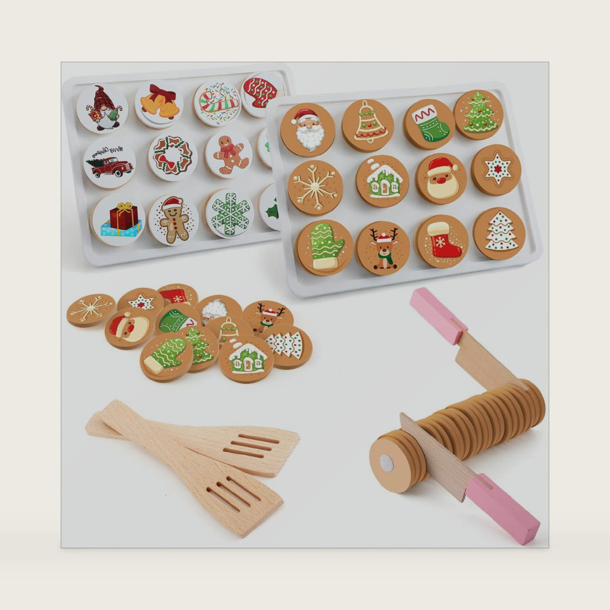 Soaoo 2 Sets Christmas Slice and Bake Wooden Cookie Play Food Set Gift