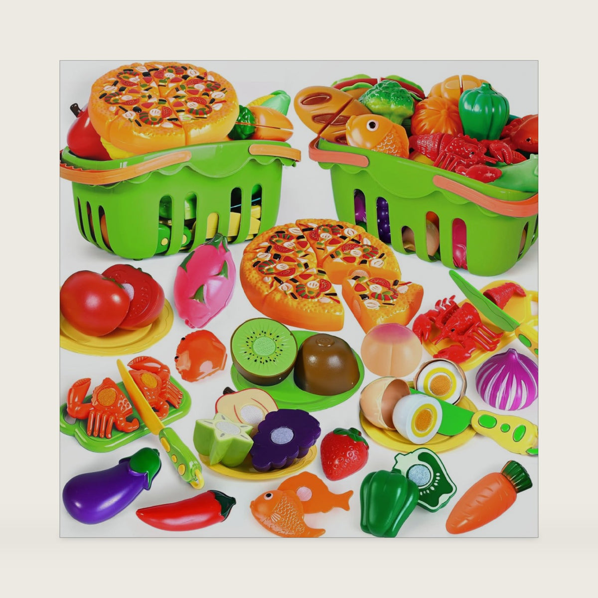 100 PCS Cutting Play Food Toy for Kids Kitchen, Pretend Food Kitchen Toys Accessories with 2 Baskets, Fake Food/Fruit/Vegetable, Christmas Birthday Gifts for 2 3 4 5 Years Old Toddlers Boys Girls