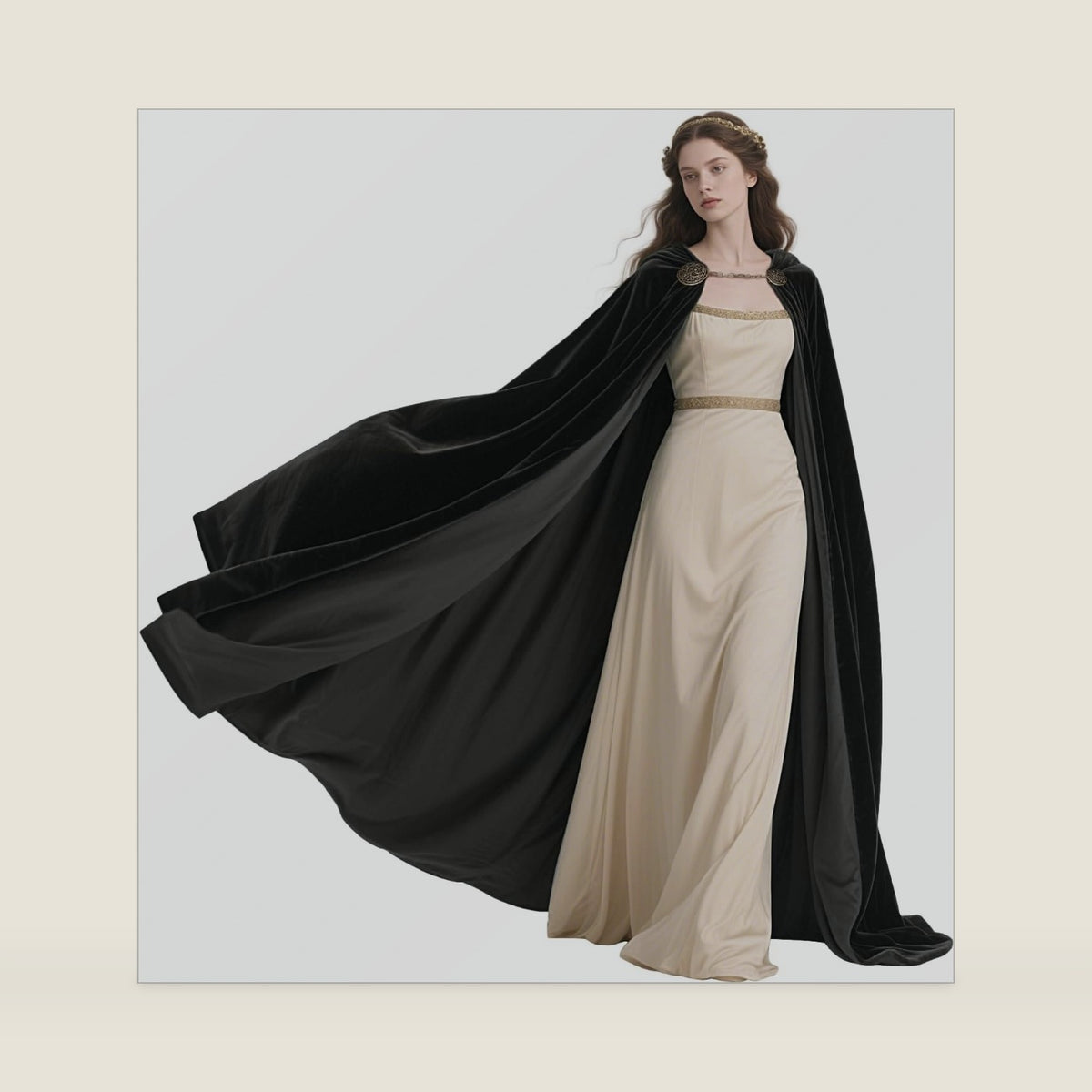 L'VOW Medieval Velvet Hooded Cape Renaissance Cloak with Brooches