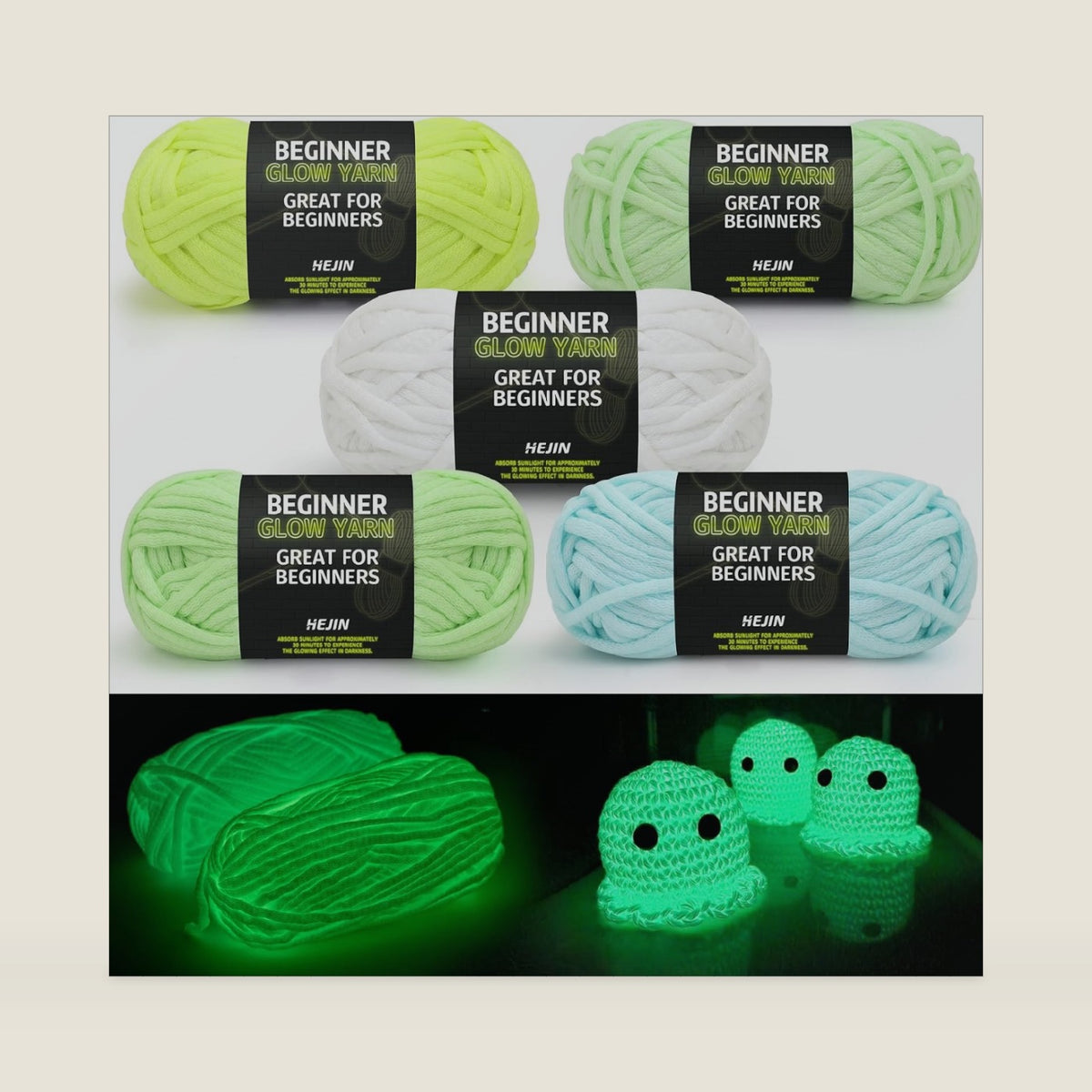 5x50g Glow in The Dark Yarn Set for Crocheting and Knitting; 5x51m (60yds) Yarn for Beginners with Easy-to-See Stitches; Worsted-Weight Medium #4; Beginners Crochet Kit