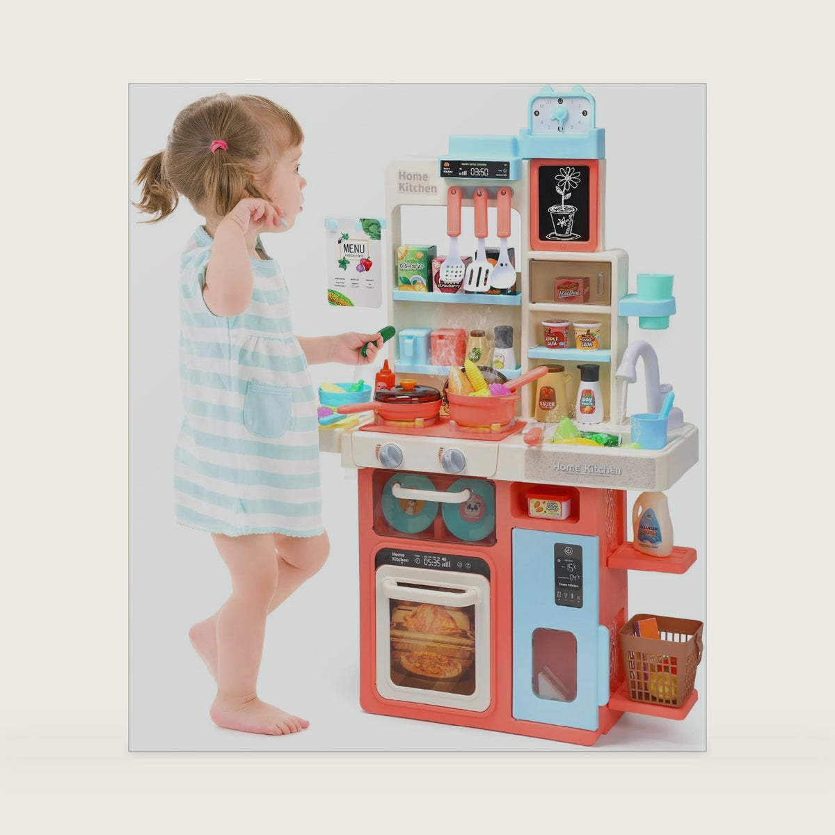 HOLYFUN Kids Kitchen Playset, Kitchen Set for Toddler with Sound and Light, Cooking Stove with Steam, Play Sink and Toy Kitchen Accessories, Pretend Kitchen Toys for Kids Girls Boys, Pink