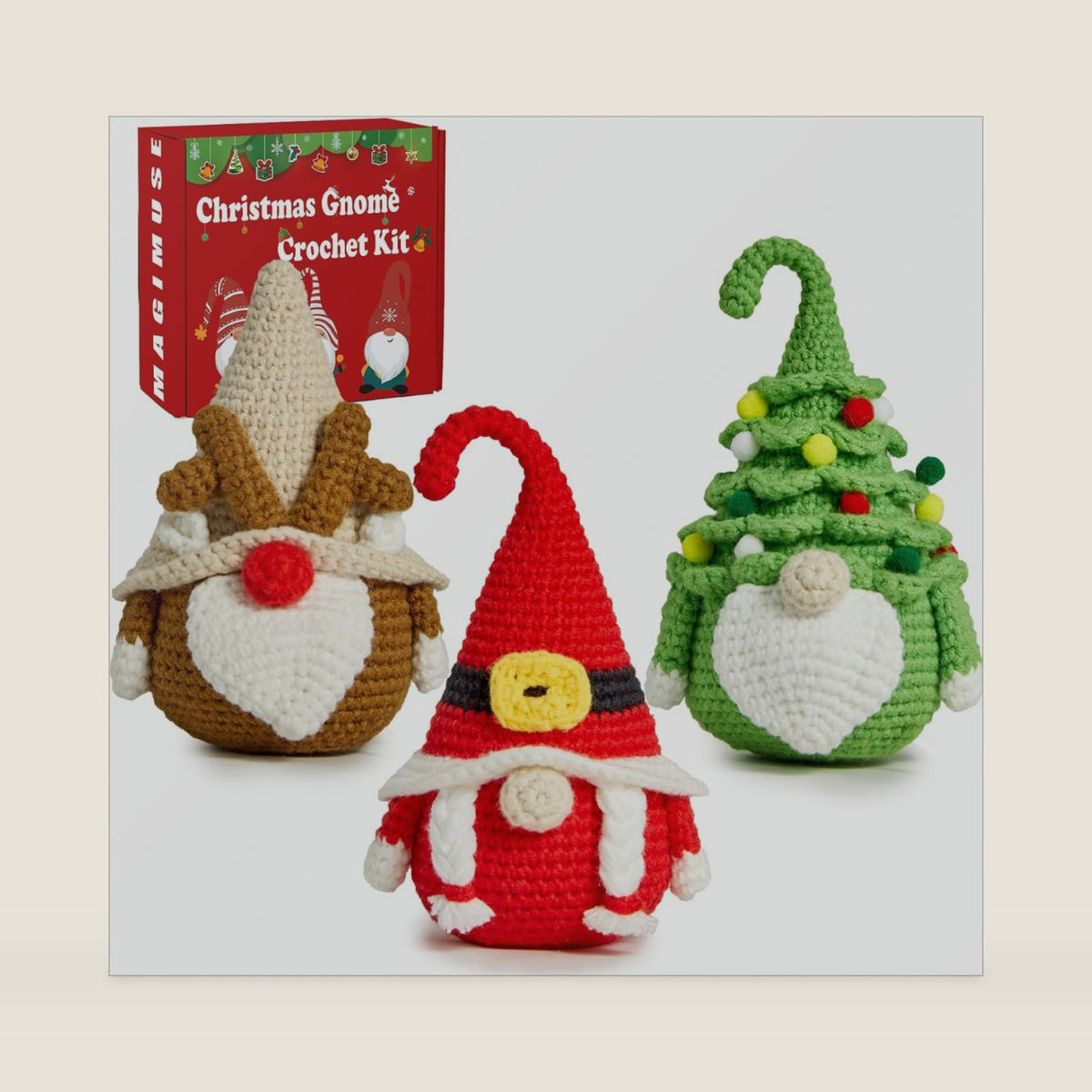 MAGIMUSE Christmas Crochet Kit for Beginners, Crochet Starter Kits for Adults Amigurumi Craft Knitting Crochet Animals Kits with Step-by-Step Video Tutorials, 3 Pack Gnome (40%+ Yarn)