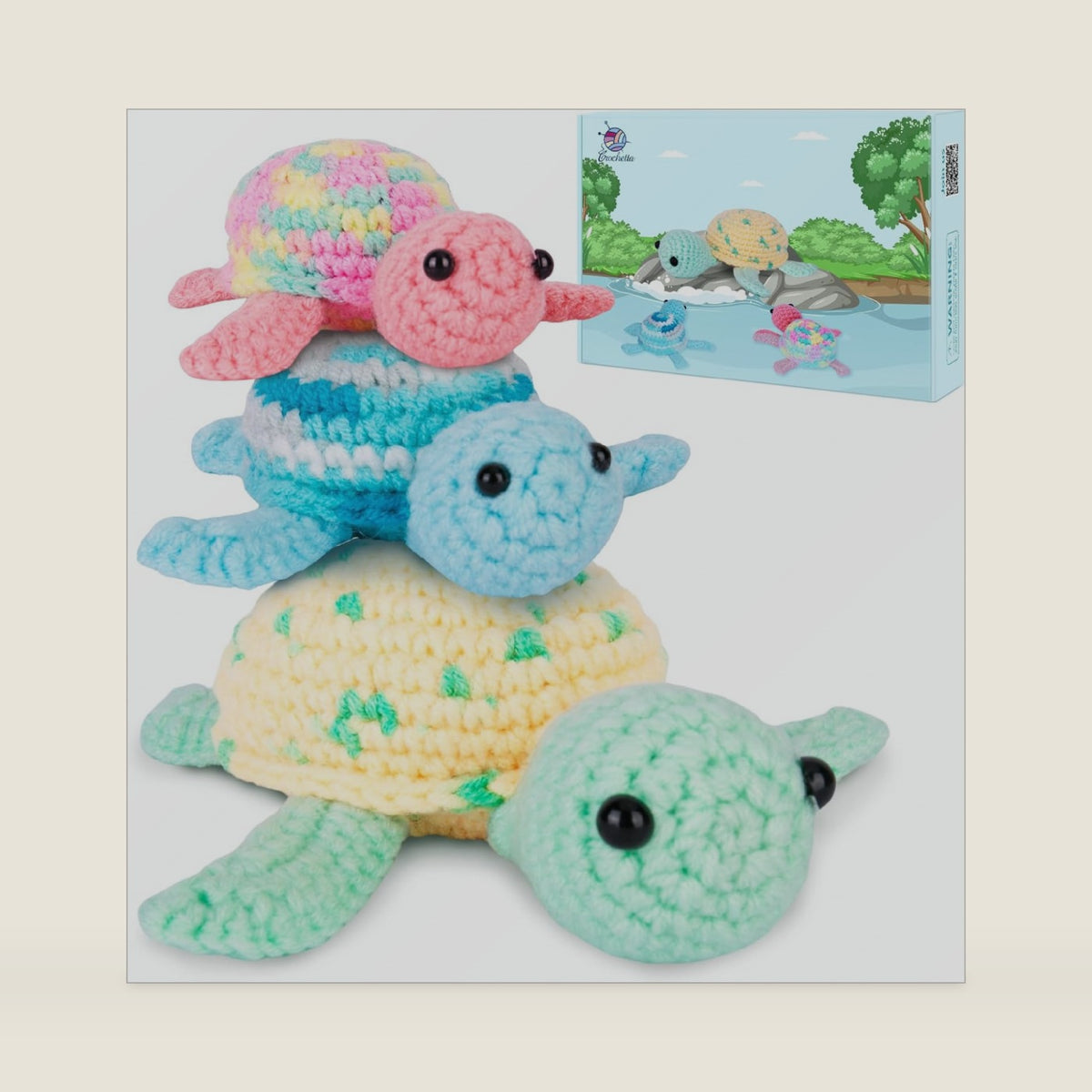 Crochetta Crochet Kit for Beginners, Beginner Crochet Kit for Adults with Step-by-Step Video Tutorials, DIY Crochet Animal Kits Knitting Supplies, 3 Pack Turtle (40%+ Yarn)