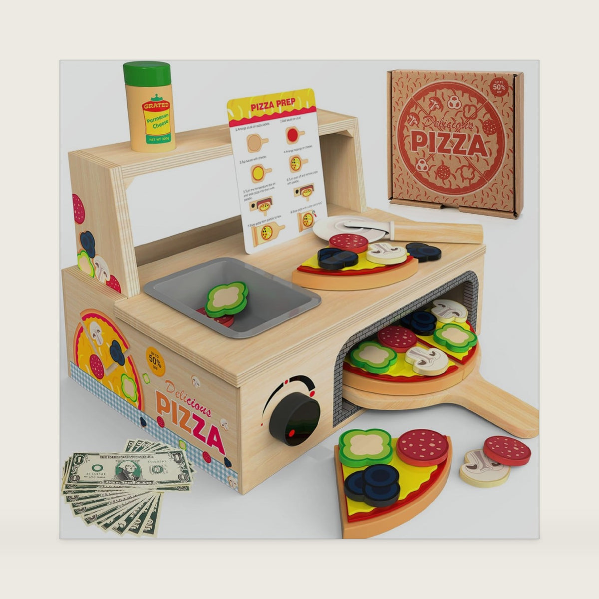 WOODMAM Wooden Pizza Toy, 48 PCS Montessori Pretend Play Food for Ages 3+