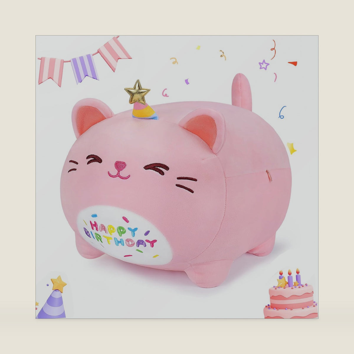 Auspicious beginning Pink Birthday Cat Plush Stuffed Animals-Gifts for Girlfriend, 16'' Pink Plush Pillow, Kawaii Plushies Kitten Body Pillow Cat Plushie, Kitten Plush Pillow Kids