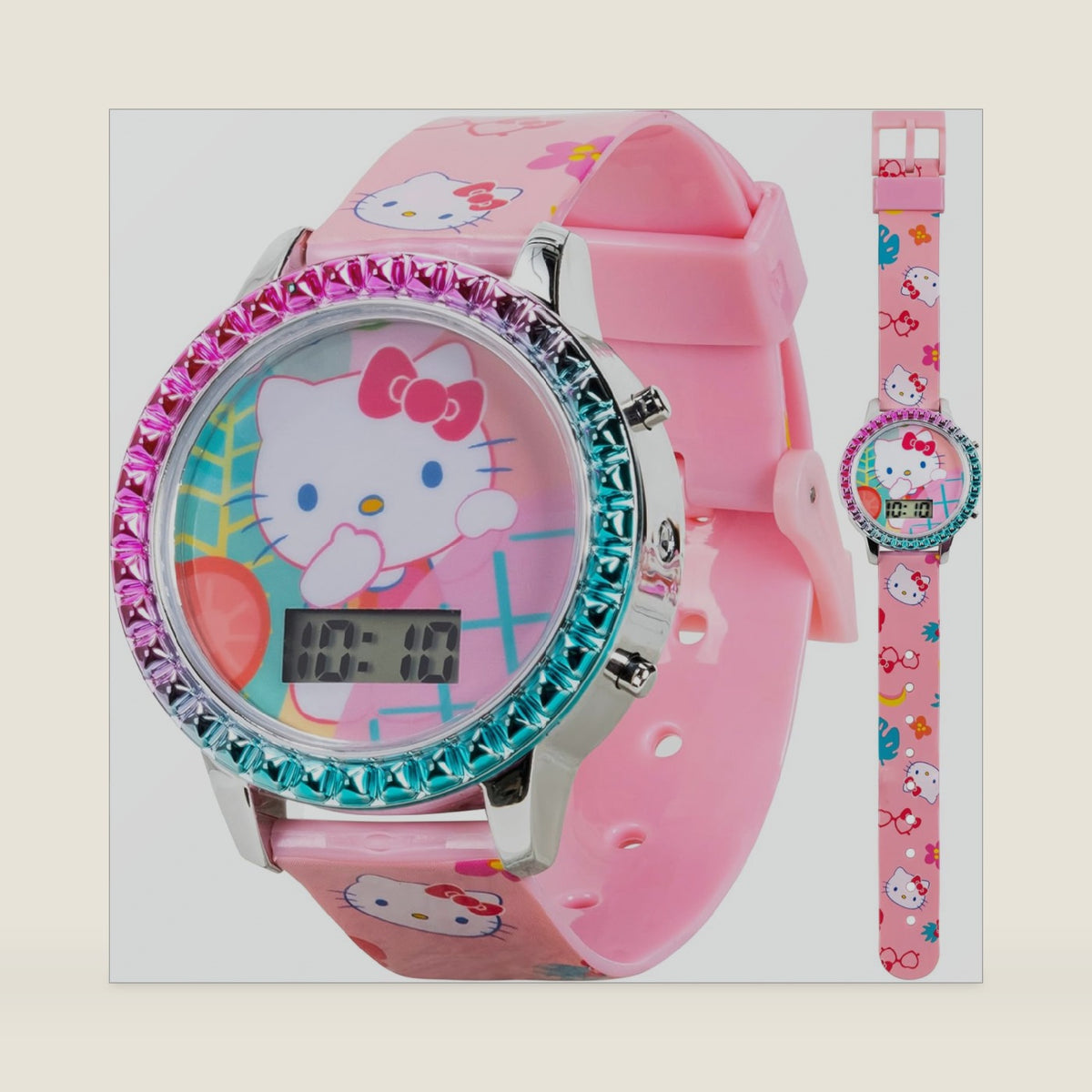 Accutime Girls' Digital LCD Quartz Watch with Pink Strap and Colorful Bezel - Fun LED Light Show - Easy to Read Time for Kids - Fits Wrist 5.5"-8"