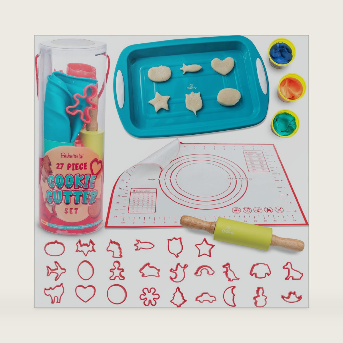 Baketivity Kids Cookie Cutter Set with 24 Assorted Cookie Cutters Shapes