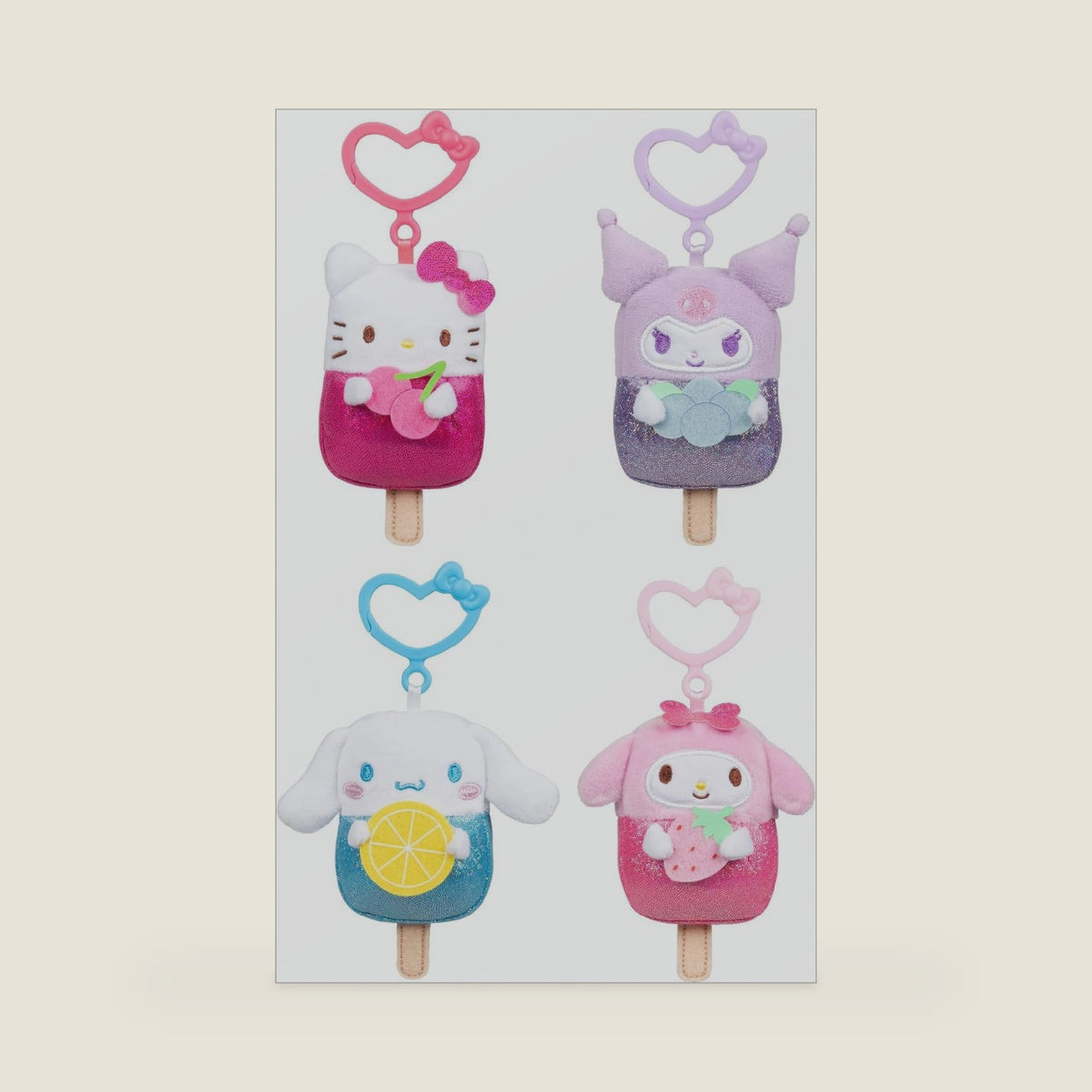 and Friends 4-Pack Popsicle Clip-On Plush Featuring , Kuromi, My Melody, and Cinnamoroll with Unique Bow Clips - Officially Licensed Product from Jazwares