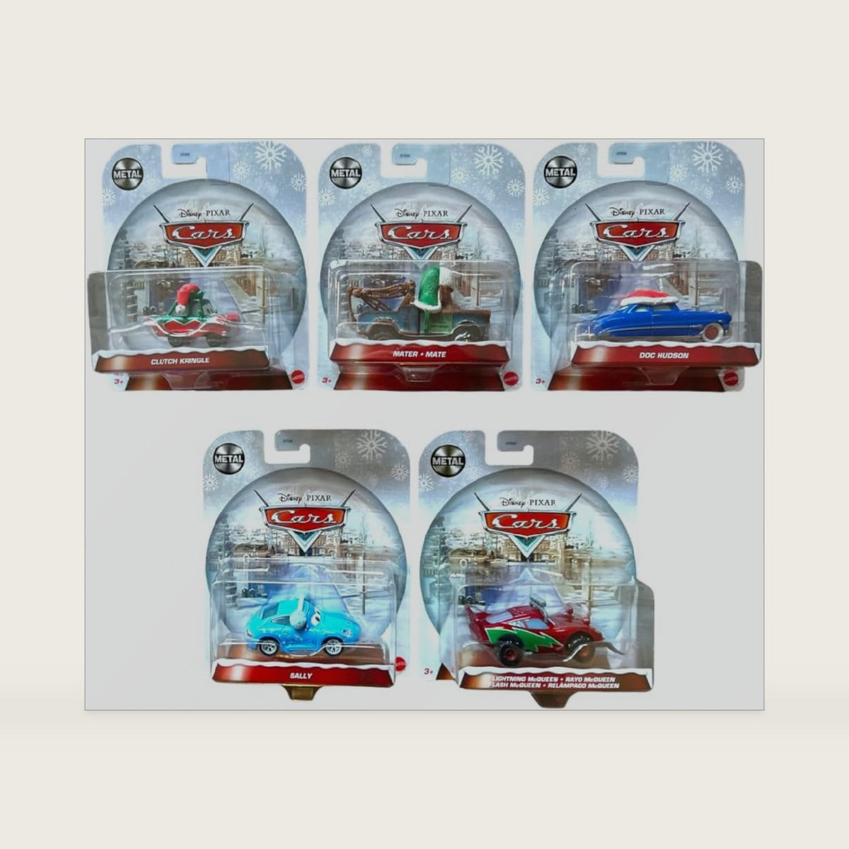 Disney Pixar Cars Holiday Winter Series – Set of 5 Die-Cast Vehicles, Christmas Special Edition, 1:55 Scale, GYD55-963C, Ages 3+