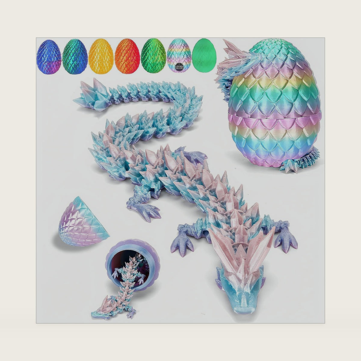 YILCER 3D Printed Dragon Eggs with Dragon Inside，Articulated Dragon Fidget Toys for Adults，Executive Desk Toys，Christmas Birthdays Office Room Decor(Rainbow)