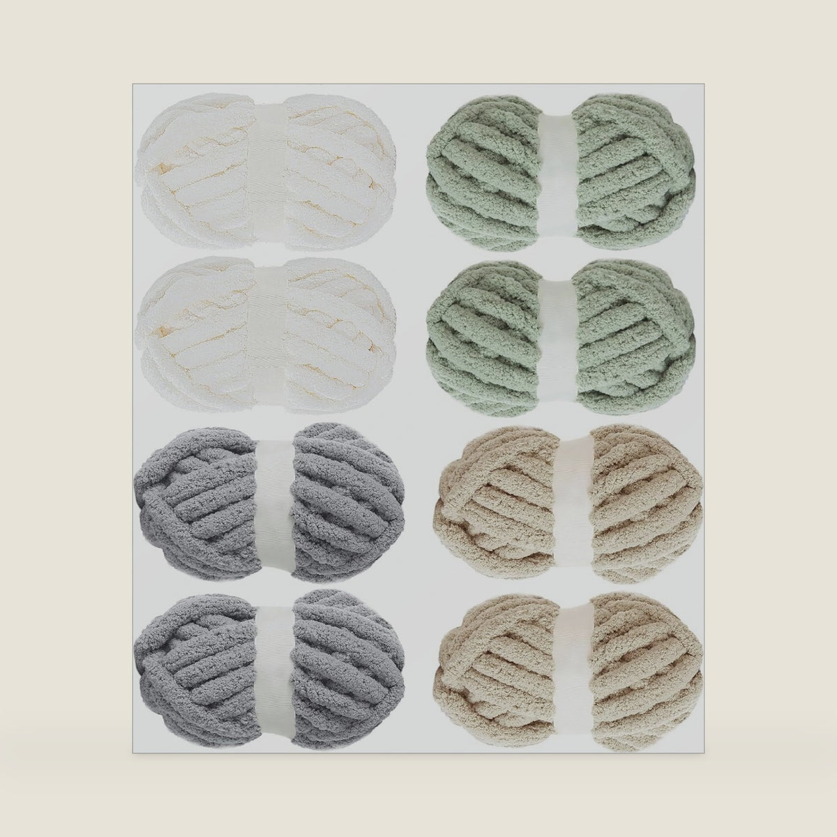 MABOZOO Assorted Chunky Yarn for Hand Knitting 8 Pack, Fluffy Jumbo Chenille Yarn, Soft Plush Yarn Bulky, Giant Thick Fuzzy Yarn for Arm Knitting, Cream & Khaki&Sage&Grey(31.7 yds,8 oz Each Skein)