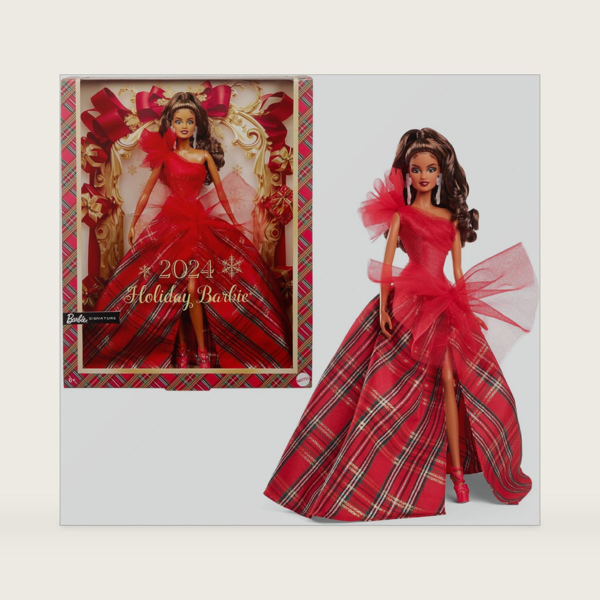 Barbie Signature 2024 Holiday Doll with Light Brown Hair in Plaid Gown, Collectible Toy in Displayable Packaging