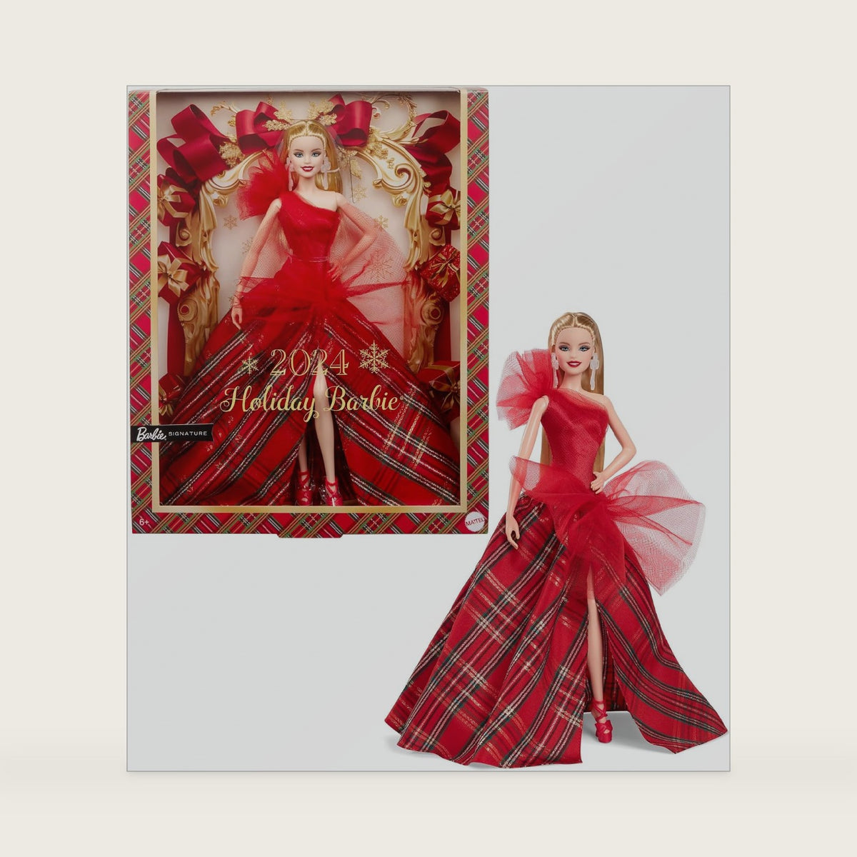 Barbie Signature Doll, 2024 Holiday Blonde Fashion Doll Wearing Gown with Plaid Skirt, Seasonal Collector Gift in Displayable Packaging