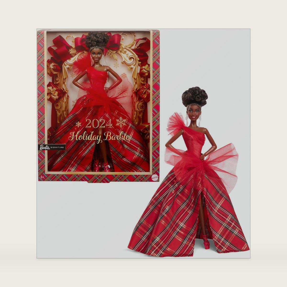 Barbie Signature Doll, 2024 Holiday Fashion Doll with Brown Hair Wearing Plaid Gown, Seasonal Collector Gift in Displayable Packaging