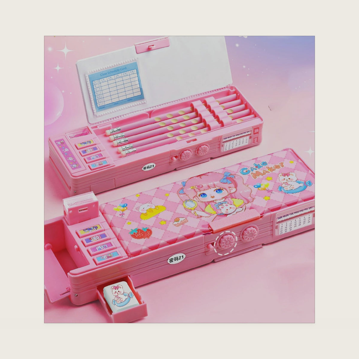 Pop up Multifunction Pencil Case for Kids, kawaii Pen Box Bag Pencil Holder for School Students,Cute Pencil box for Girls and Boys with Sharpener,Password Lock, Schedule, Whiteboard (Pink3)