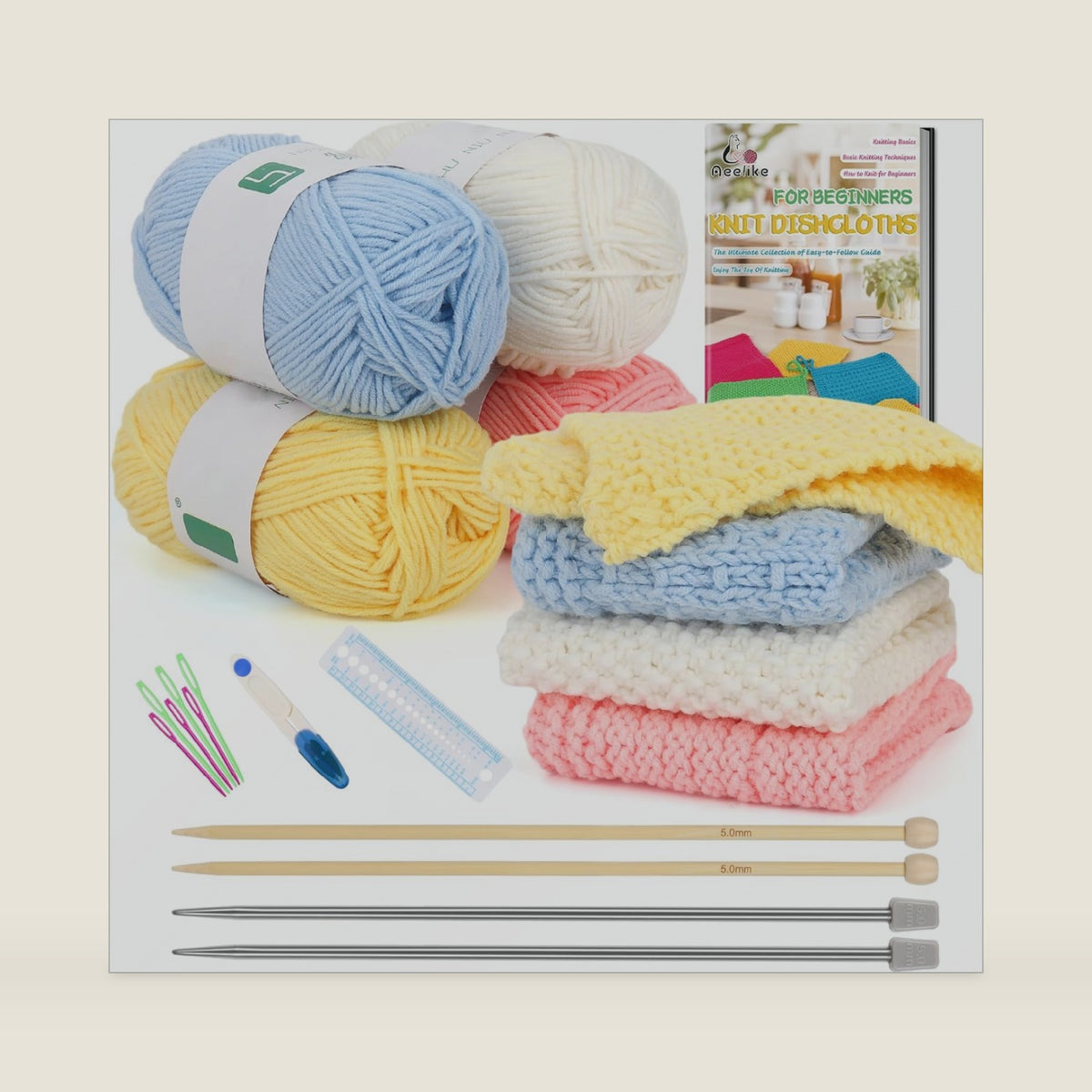 Aeelike Knitting Kit for Beginner Adult, Easy Dishcloth Knit Set, Color B