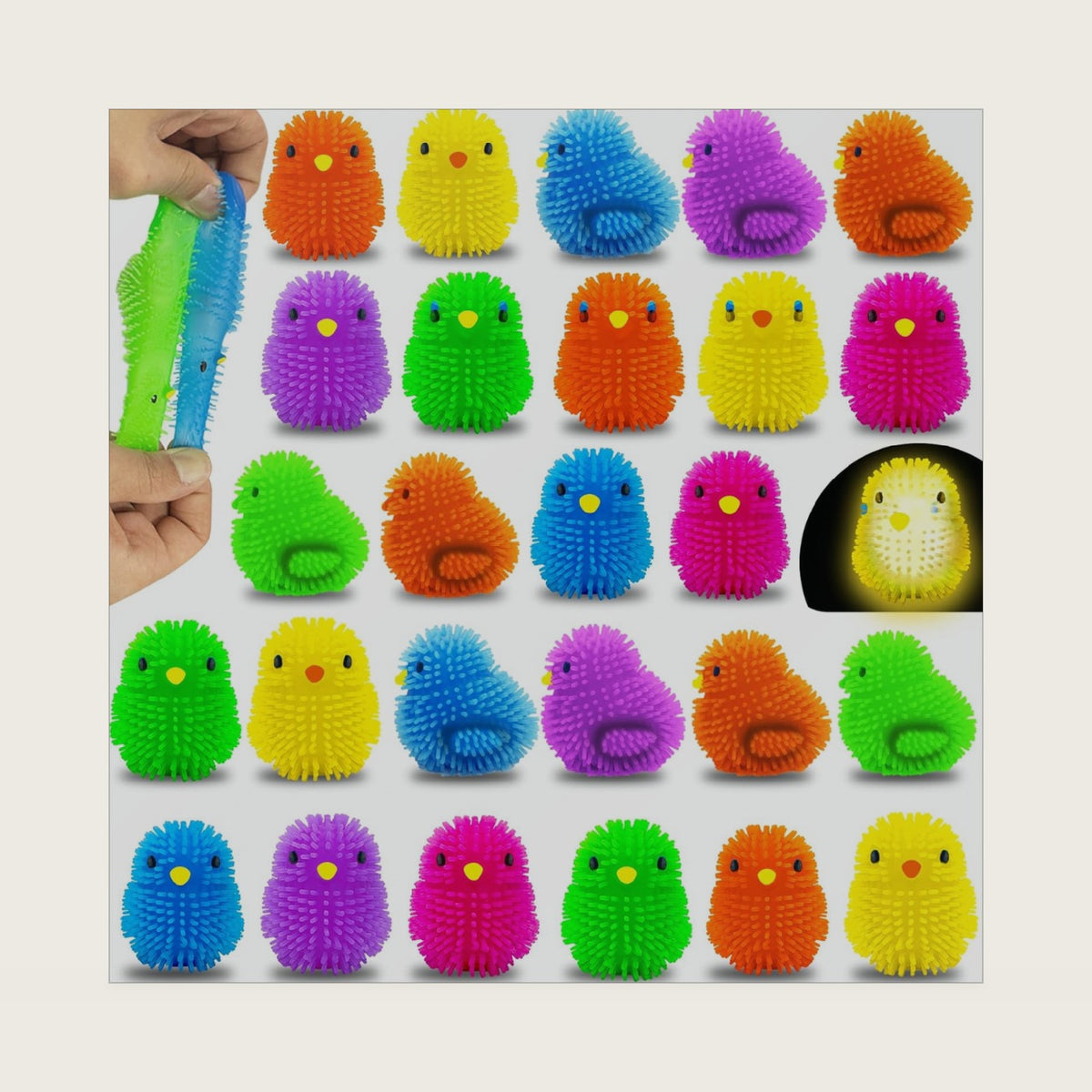 AMENON 24 Pack Prefilled Easter Eggs with Chick LED Puffer Balls,Light Up Stress Relief Fidget Toys Squeeze Sensory Ball for Kids Boys Girls Easter Basket Stuffers Egg Hunt Party Favor Gift