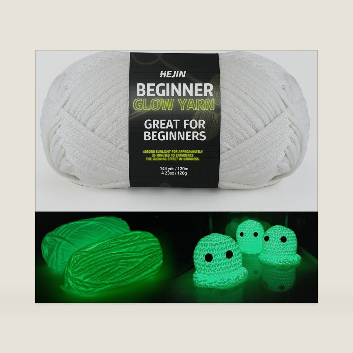 120g Glow in The Dark Yarn for Crocheting and Knitting; 120m(144yds) Yarn for Beginners with Easy-to-See Stitches; Worsted-Weight Medium #4; Yarn for Beginners Crochet Kit Making