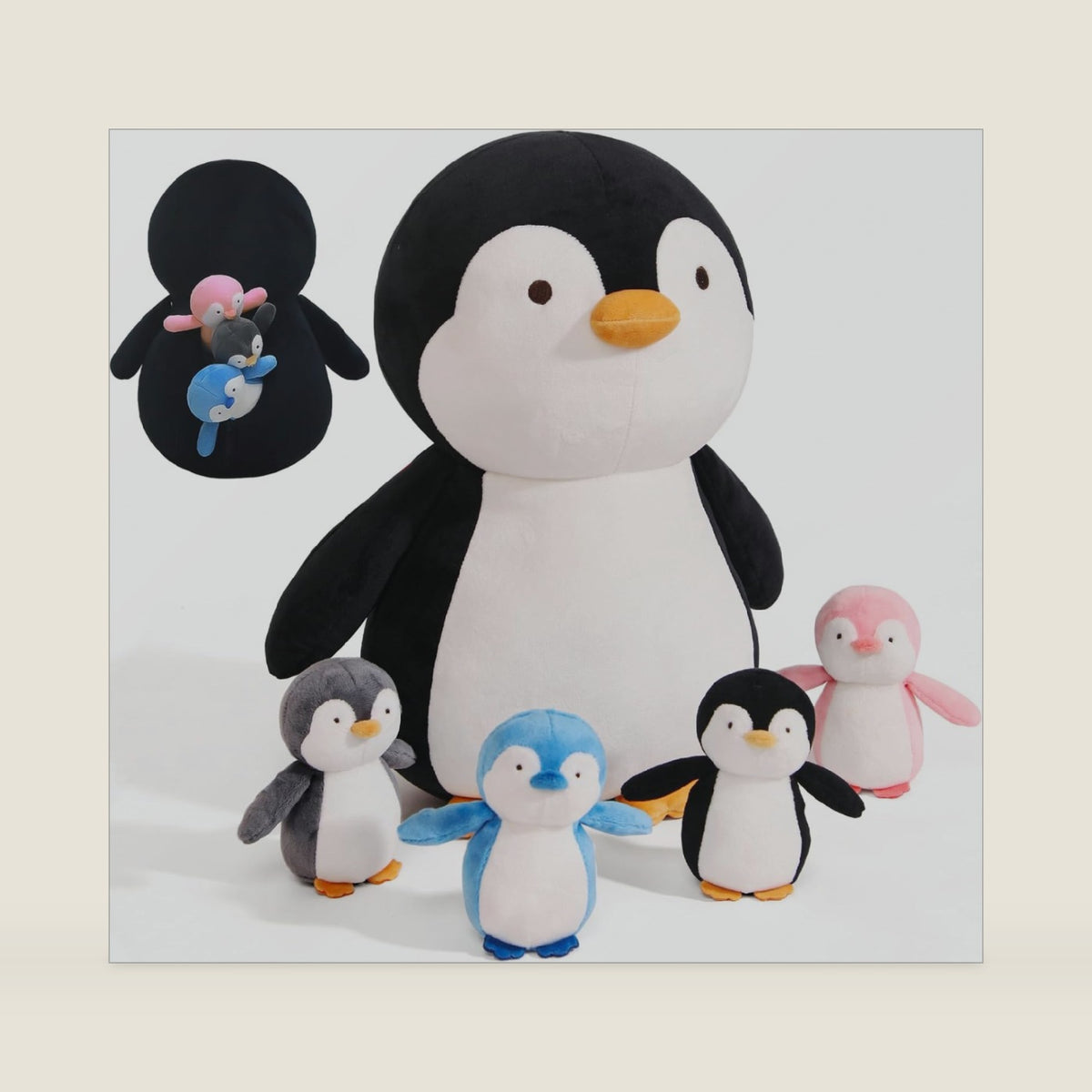 MMguai 5 Pcs Penguin Stuffed Animal Plush Toys, 16 Inch Stuffed Mommy Penguin with 4 Cute Babies in Zippered Belly, Big Soft Toys Cuddly Plushie Gift for Kids Boys Girls, Birthday, Party