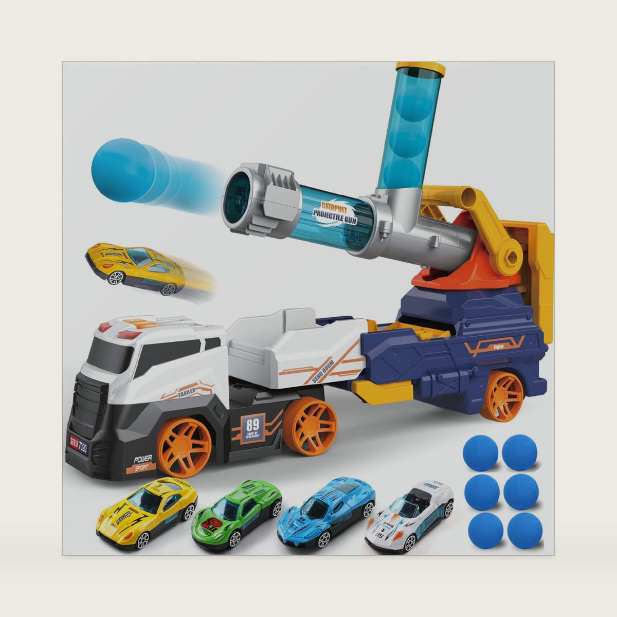 Dwi Dowellin Truck Toys for Kids, 28" Large Car Toys Include 4 Race Cars+6 Soft Foam Balls, with Light & Sounds, Eejection&Shooting Transport Trucks Toy, Gifts for Boys Girls 3 4 5 6 7 8+ Year Old