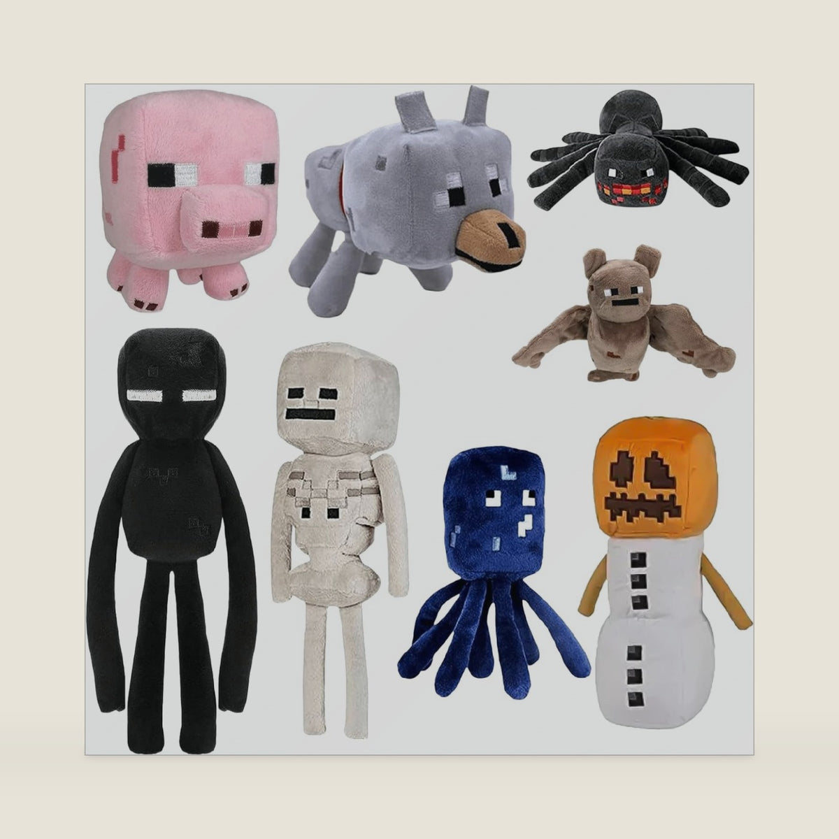 8Pack Snow Golem Plush, Enderman Plush, Baby Wolf, Baby Pig, Spider, bat, Skeleton Shooter, Squid Stuffed Animals Toys，Great Gift for Children and Fans