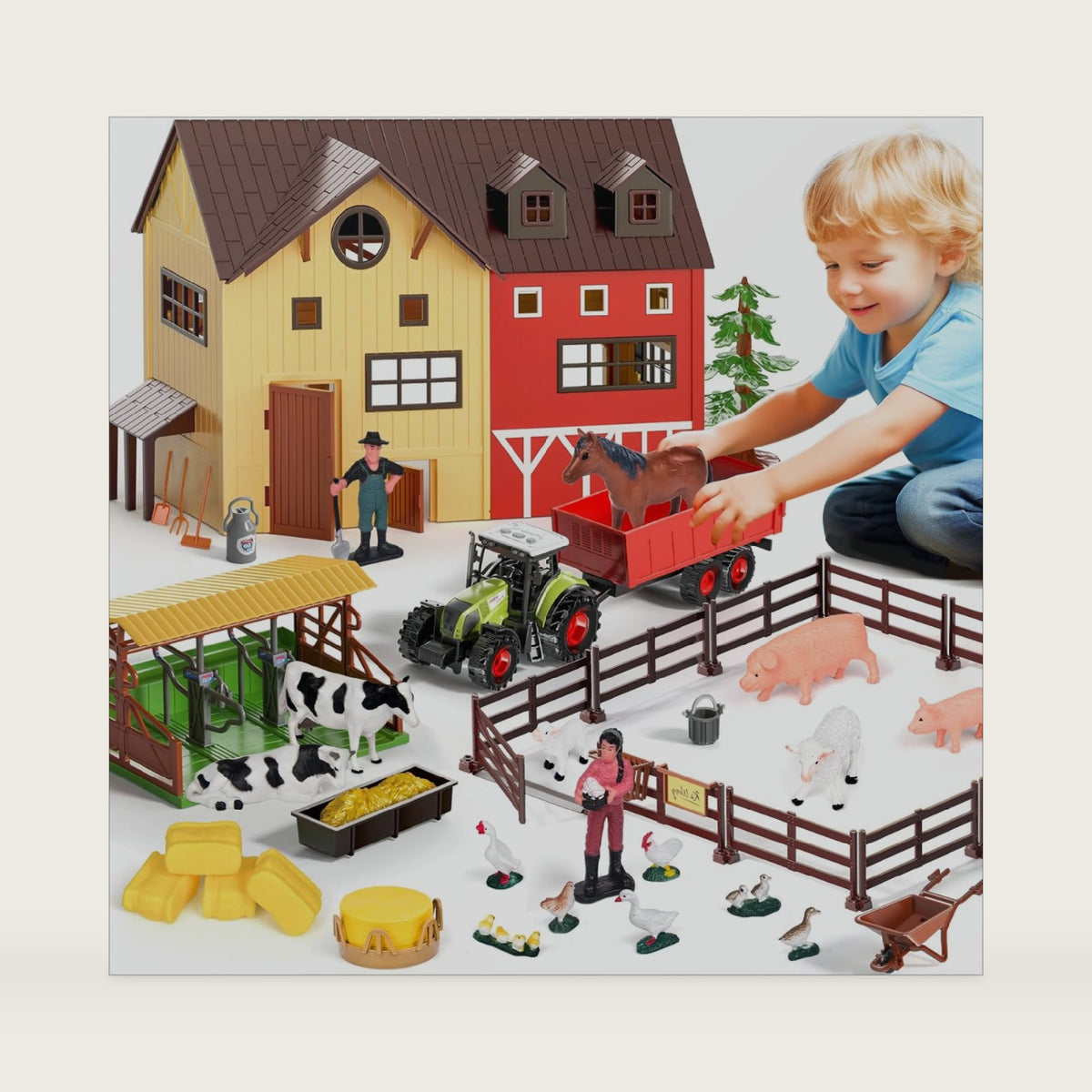 Pupu Pig Farm Animals Barn House Toys - Kids Tractor Toy with Lights & Sound, Horse Stable, Cowshed, Chicken Fence, Animal, Farm Accessories, Easter Birthday Gifts for Boys Toddlers Ages 3+