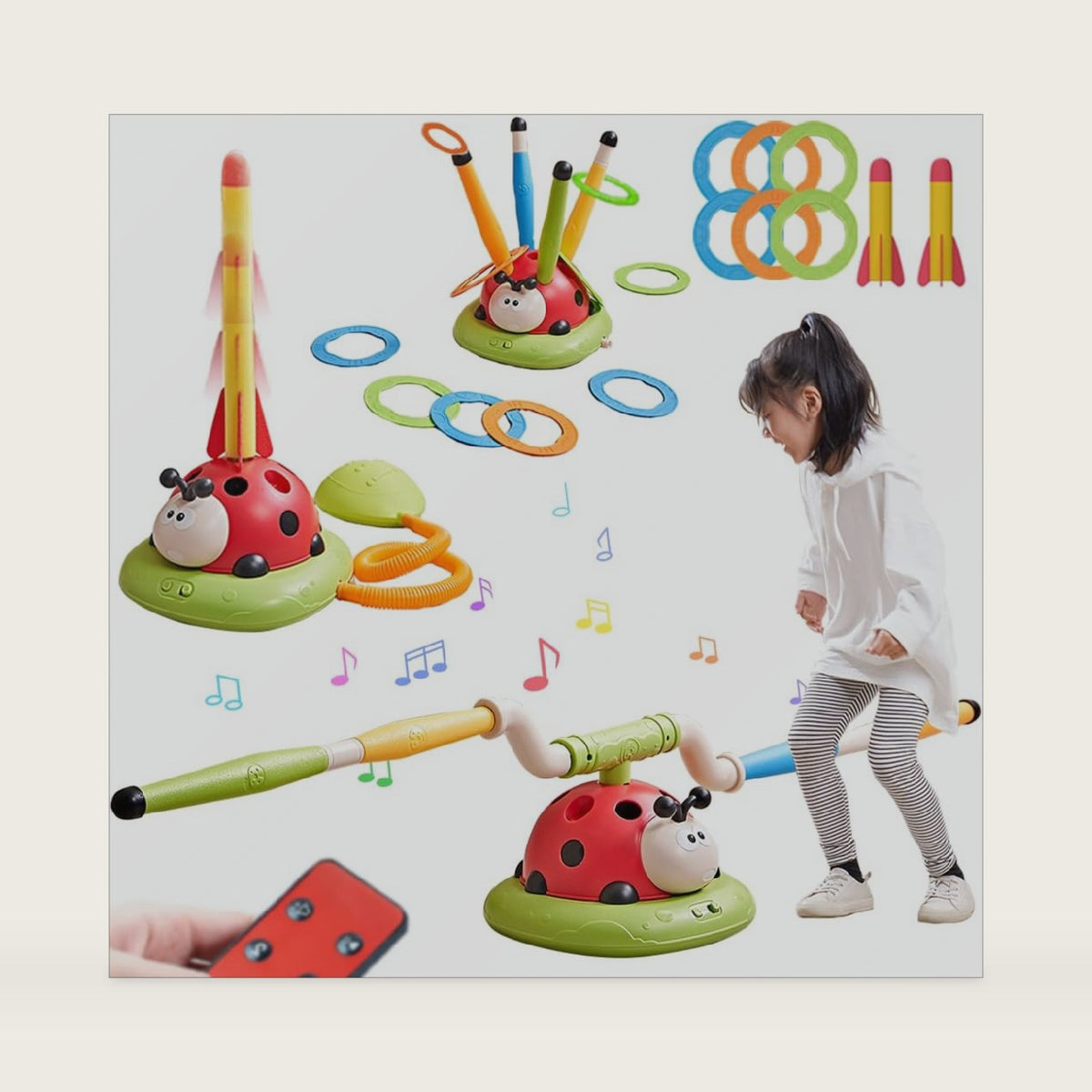 3 in 1 Musical Jump, Toss Ring Game and Stomping Launch Rocket Launcher for Kids Outdoor Toys with Remote Control, Indoor Outside Toy for Kids Ages 4-8 Toys for Ages 5-7 8-13 Birthday Gifts