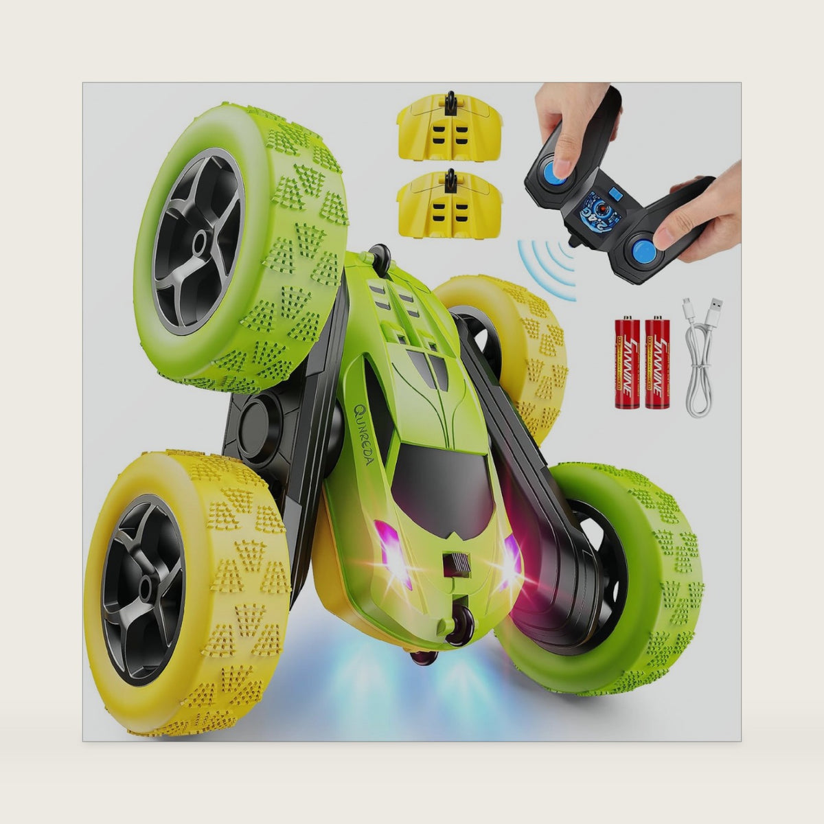 QUNREDA Remote Control Car, RC Car Toys for 6-12 Year Old Boys, Off Road RC Stunt Car 4WD 360° Rotating Remote Control Car for Kids, Boys Girls Gifts for Birthday, Christmas Yellow&Green