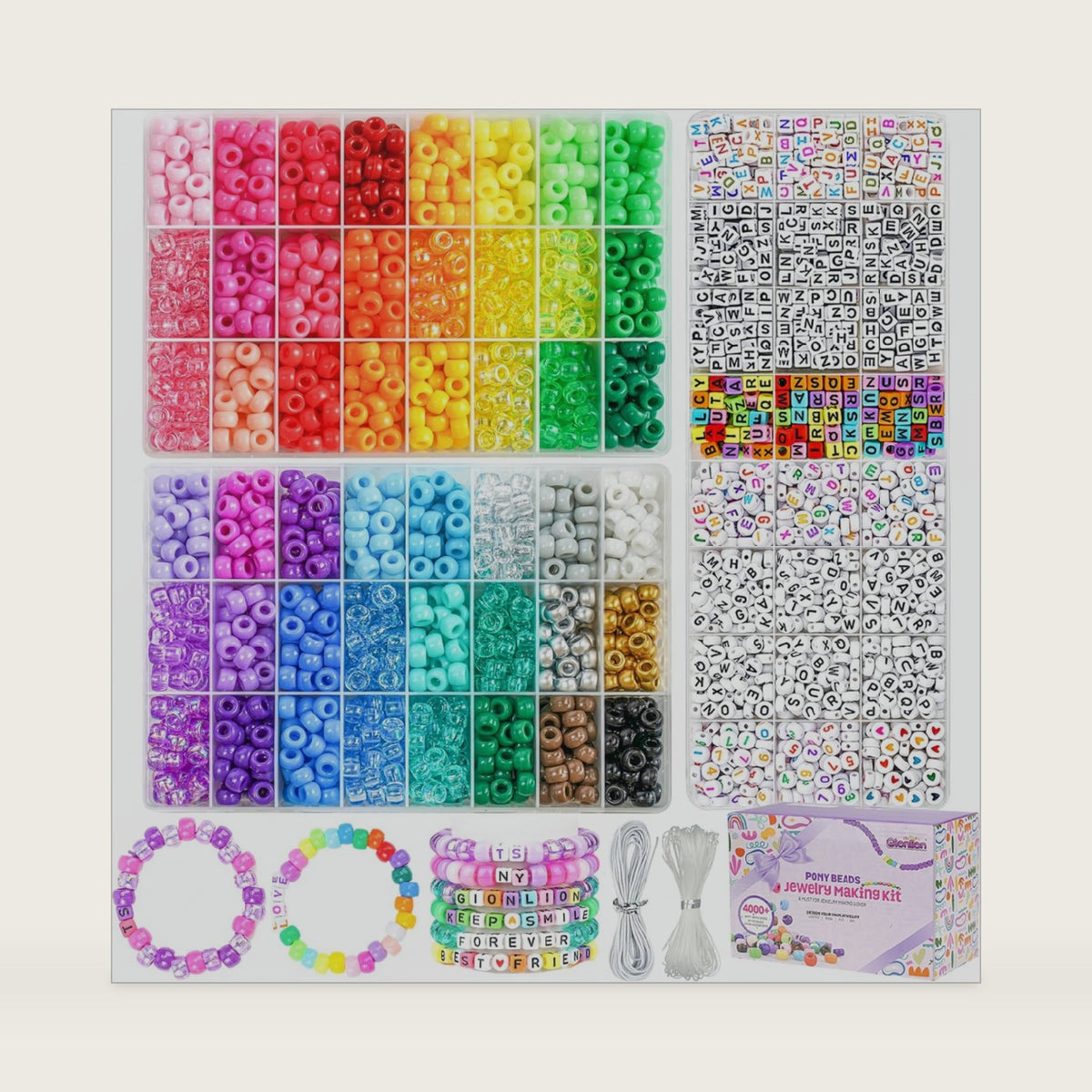 Gionlion 4200Pcs Pony Beads for Bracelet Making Kit, 48 Colors Kandi Beads Bracelet Kit, 2500PCS Rainbow Candy, 1700PCS Friendship Letter Bead with 20 Meter Elastic Strings
