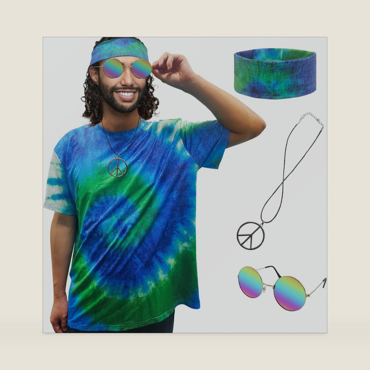 Hippie Costume for Men Women 60s and 70s colorful T-shirt sunglasses headband Peace necklace 4-piece theme party