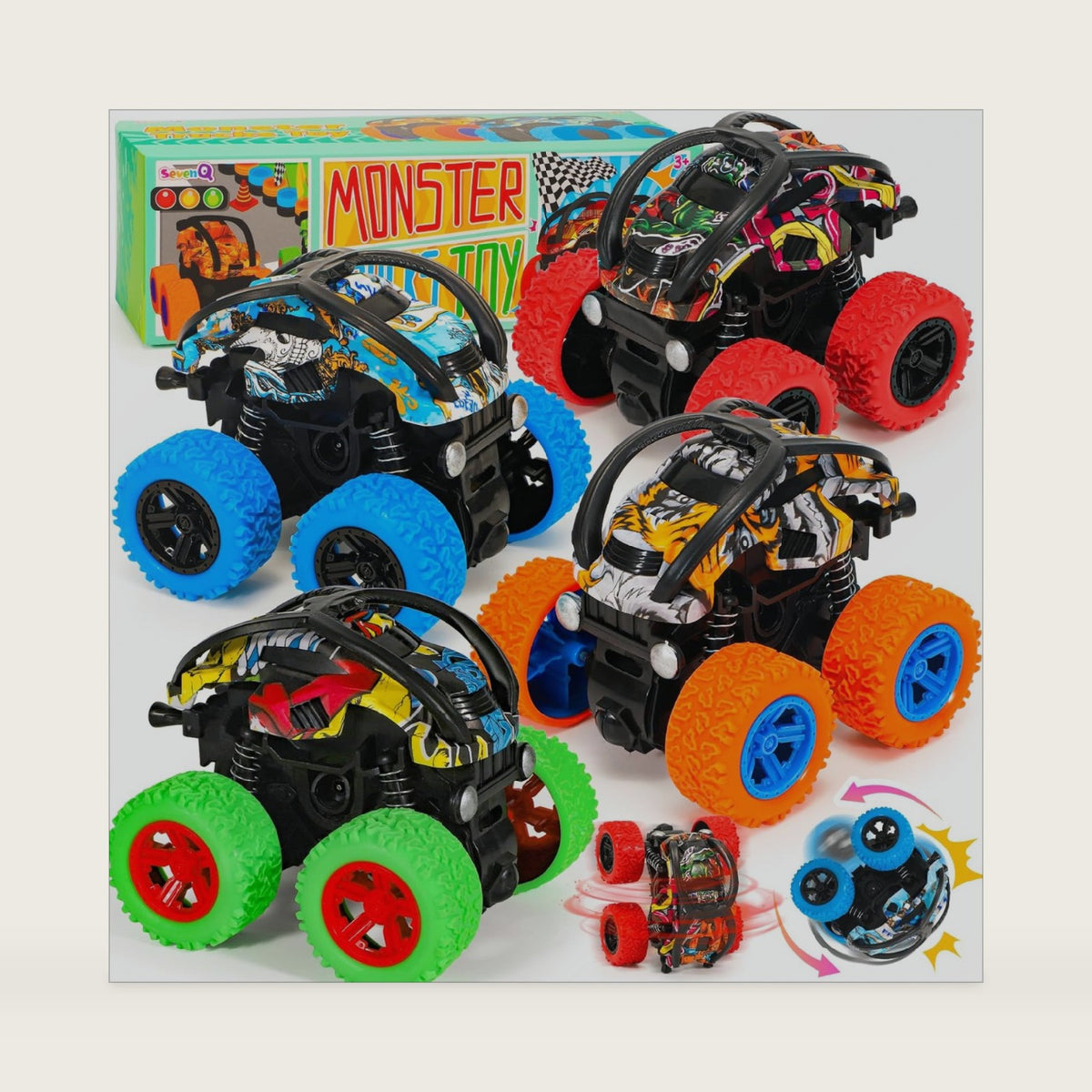 SevenQ Monster Truck Toys Cars for Boys, 4 Pack Race Cars Party Favors for Kids Push and Go Flip Stunt Pull Back Cars, Toddler Toys Classroom Prizes Christmas Goodie Bag Stuffers Birthday Gifts