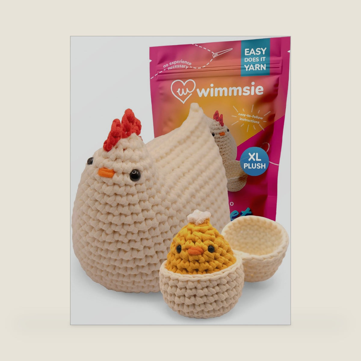 Wimmsie Crochet Animal Kit for Beginners - Easy Beginner Crochet Kit for Kids - Amigurumi Chicken Chick & Egg - 3 Kawaii Stuffed Animals - Cute DIY Yarn Plush