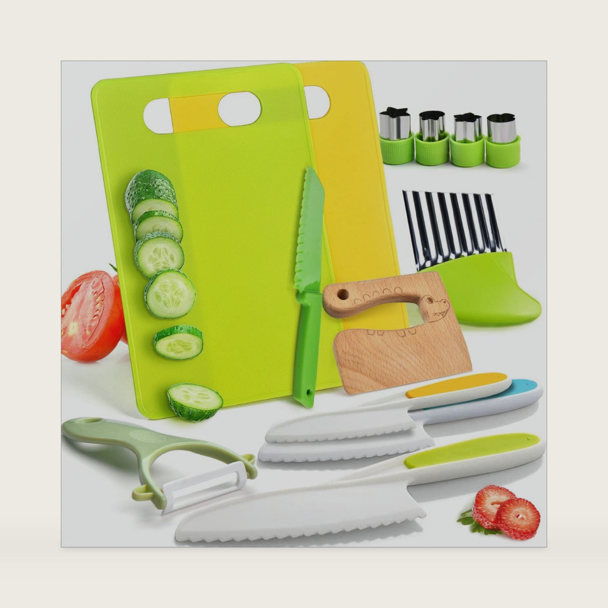 13 Pieces Montessori Kitchen Toys for Toddlers-Kids Cooking Sets Real-Toddler Toys Set for Real Cooking with Plastic Children Safe Knives Crinkle Cutter Kids Cutting Board
