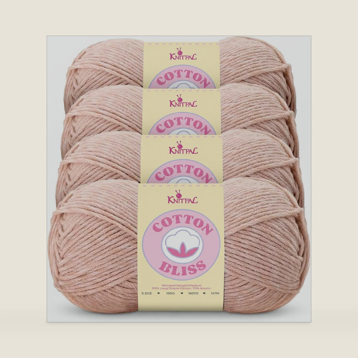Cotton Bliss #4 Cotton Blend Yarn, 4-Pack (640Yds/400G), Pink Cashmere
