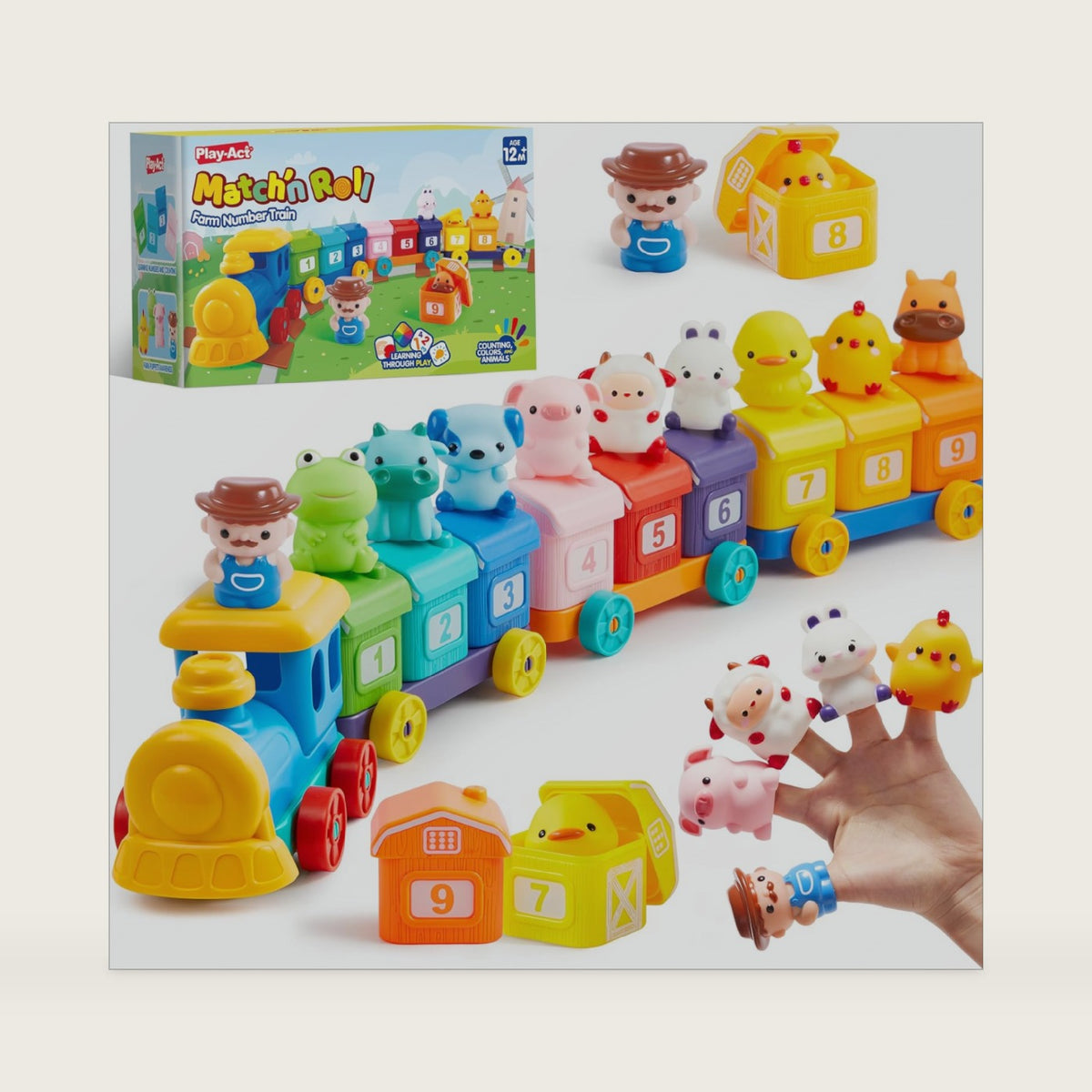 Play-Act Learning Toys for 1 2 3 Years Old, Counting, Matching & Sorting Montessori Learning Farm Train Including 9 Farm Animals, Birthday Gift for Baby Boys Girls