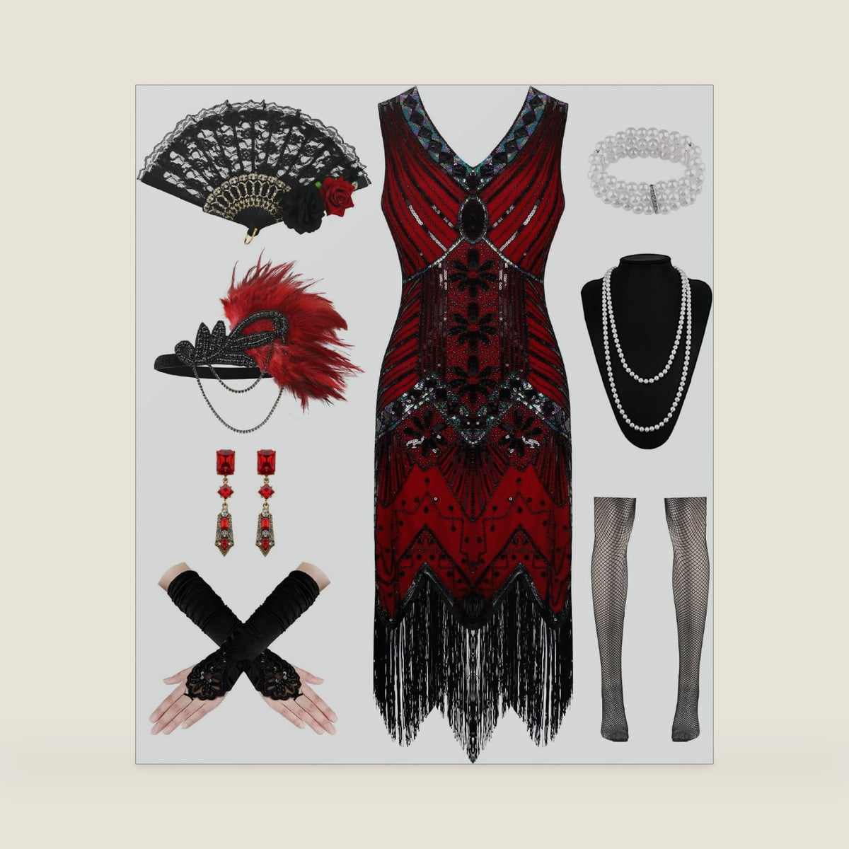 1920s Dresses for Women, Flapper Dress Lace Fan Feather Headband Sequins Beads Fringes 20s Accessories Vintage Mafia Costume