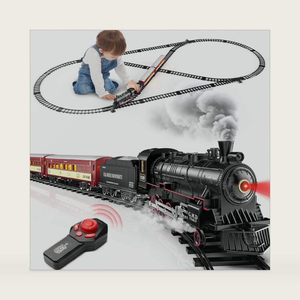 Hot Bee RC Train Set, Alloy Steam Locomotive with Light-Up Cars and Tracks