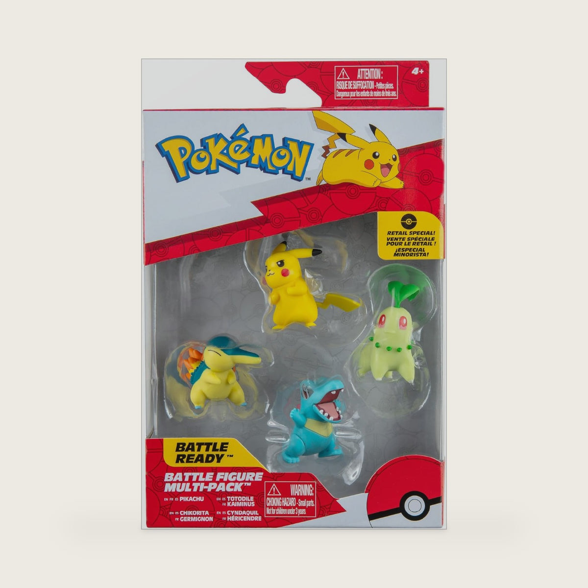 Pokémon PKW2578 Battle Figure Multipack Pack of 4 with Pikachu, Endive, Karnimani, Fiery Hedgehog, Official Detailed Figures, 5 cm Each