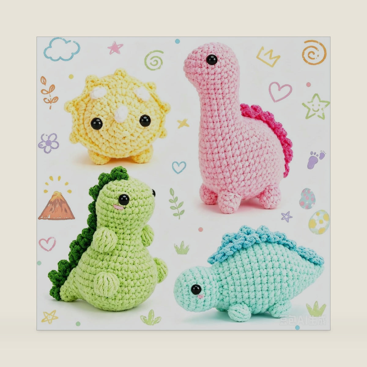 Crochetta Crochet Kit for Beginners, 4 PC Dinosaur Family (40%+ Yarn)
