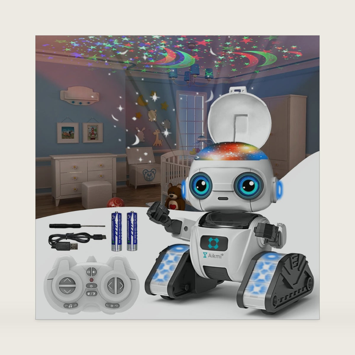 Aikmi Robot Toys for Kids 4-12, RC Robot w/Projector Night Light, Gesture