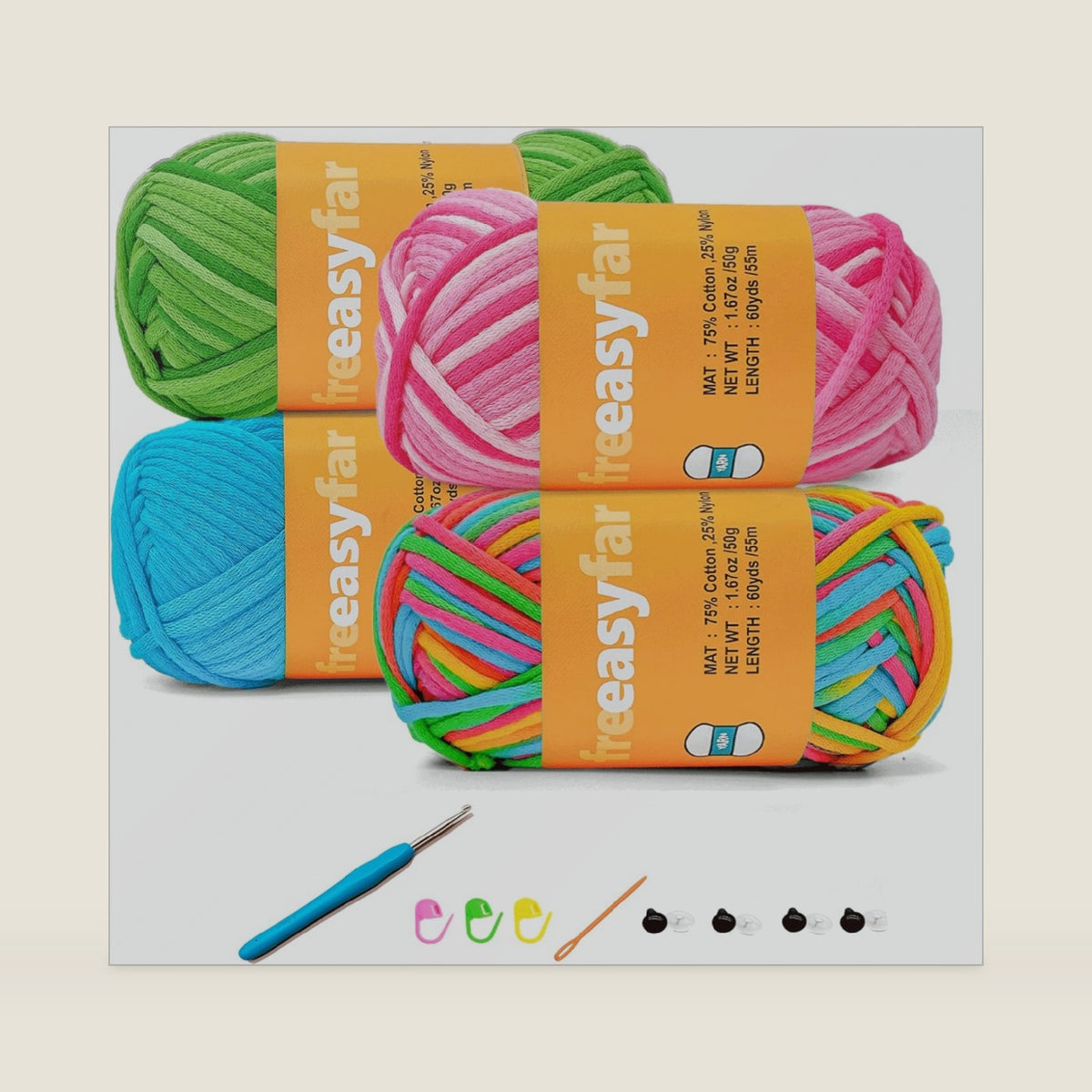 4x50g Beginner Crochet Yarn for Crocheting and Knitting; Beginner Easy Yarn kit with Tool Set (Rainbow+Strawberry+Lawngreen+Aqua, 4 Skein)