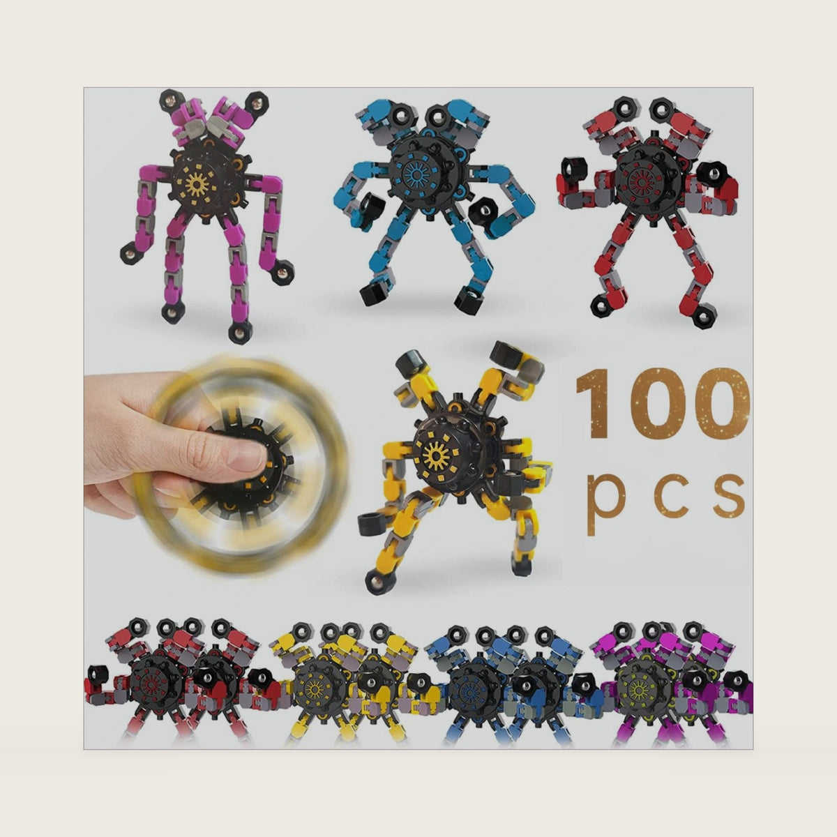 100pcs Random Fidget Spinners,DIY Deformable Robot Fingertip Toys,Decompression Spinner,Deformable Creative Mechanical Gyro Toys,Stress Relief Mechanical Chain Toy for Kids Adults，Party Supplies