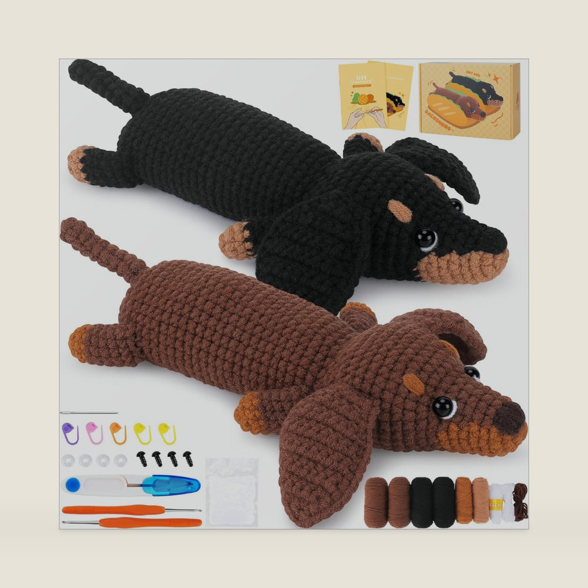 Fortuning's JDS Crochet Kit for Beginners, 2 PCS Dachshund Crochet Kits