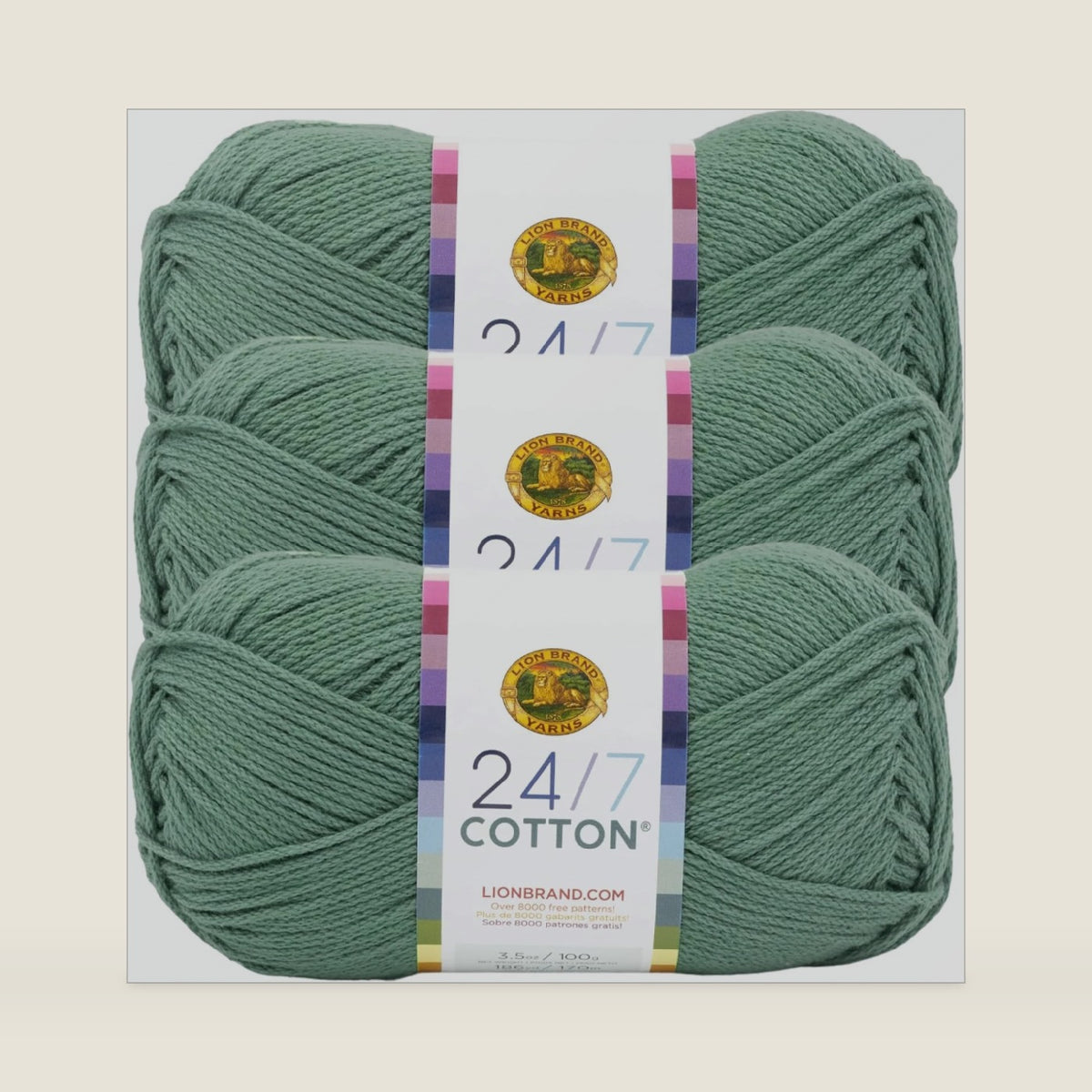 Lion Brand Yarn, 24/7 Cotton Yarn, Spruce, Green, 3 Pack