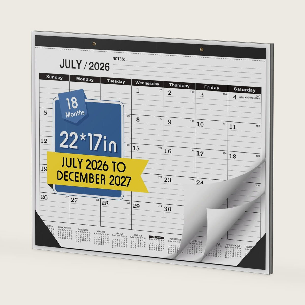 Desk Calendar 2026-2027,July 2026 to December 2027,Desk calendar 2026-2027 Large 22x17, Classroom Calendar 2027 with PVC Cover,Round Holes& NOTES List (Black),18 Months Calender 2027