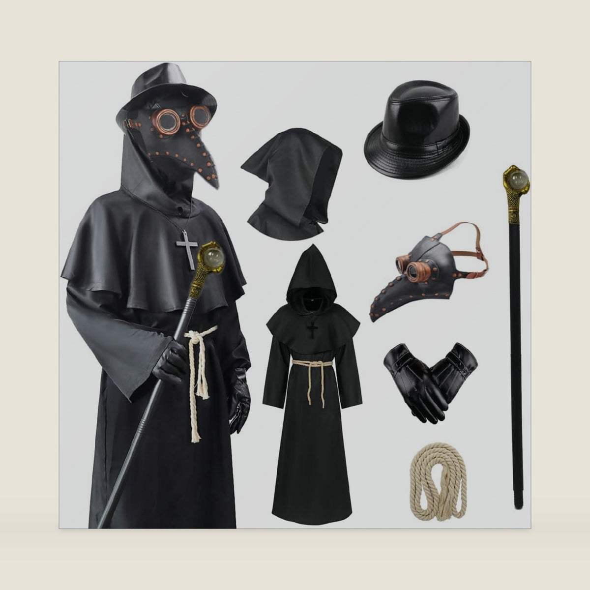 Plague Bird Doctor Mask Steampunk Costume Halloween Hooded Cloak Hat Gloves Black Robe Horror Scary Adult Teens Party Props