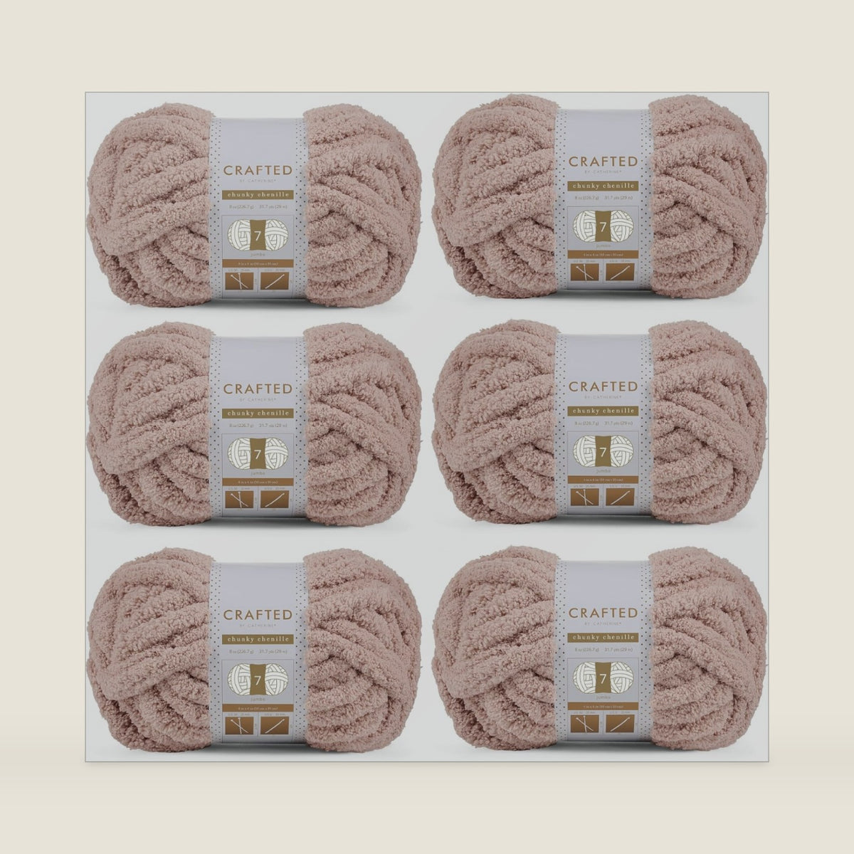 Crafted By Catherine Chunky Chenille Yarn - 6 Pack (8 oz / 227 g, 31.7 Yards Each Skein), Beige, Gauge 7 Jumbo