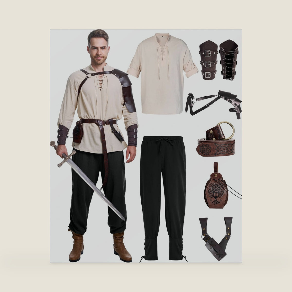 8 Pcs Men's Renaissance Costume Halloween Medieval Pirate Shirt Pant Viking Costume Accessories Set