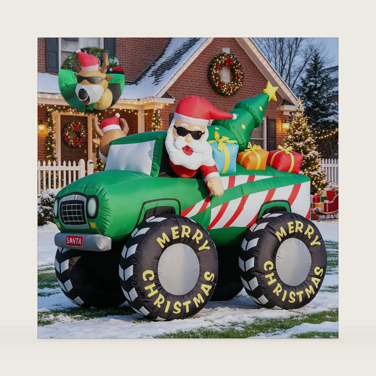 DomKom 7FT Christmas Inflatables Monster Truck, Santa Claus and Reindeer Drive Monster Truck Blow up Giant Yard Decoration, Outdoor Built-in LED Lights Party Lawn Holiday Winter Decor Outside